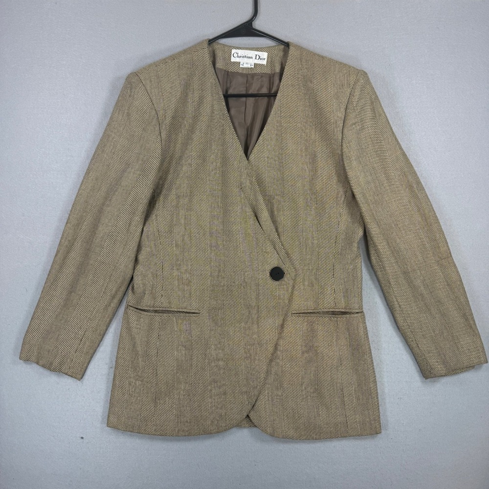 Christian Dior Blazer Women 10 Brown Houndstooth Wool Jacket Preppy Vintage USA